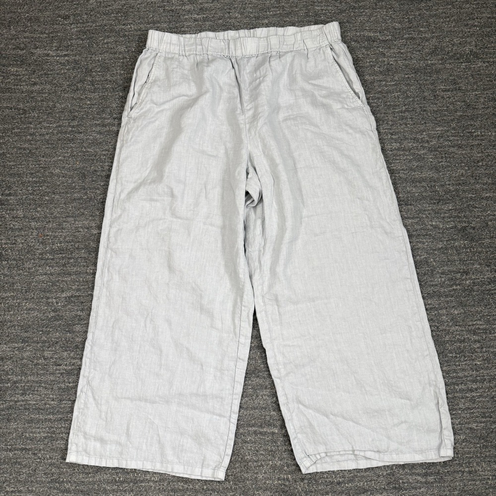 Eileen Fisher Linen Wide Leg Pants Women Medium Gray Minimalist Crop Beach Boho